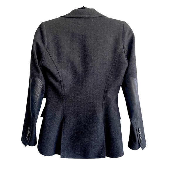 SMYTHE Wool Charcoal Gray Herringbone Equestrian Blazer Leather Elbow Patches 4 - Picture 3 of 11
